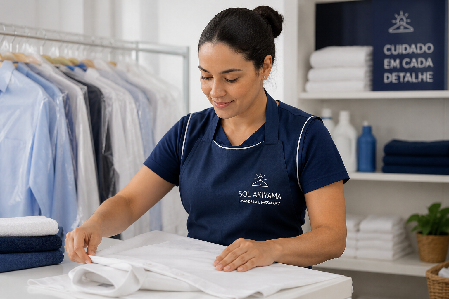 Funcionária da lavanderia cuidando das roupas