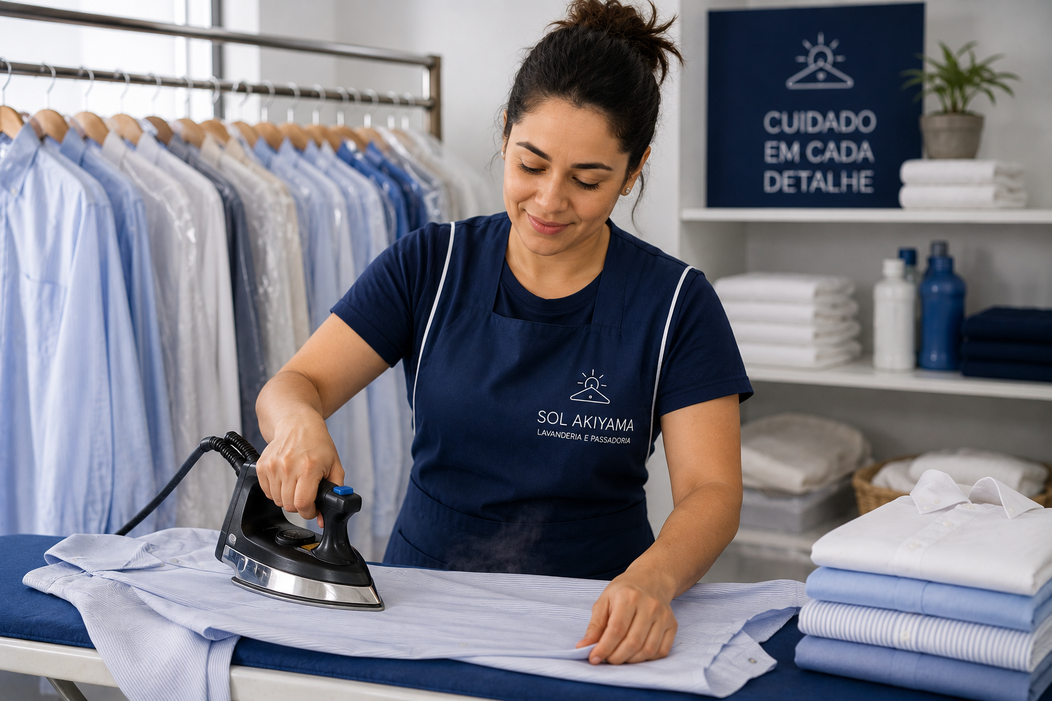Passadeira profissional cuidando das roupas